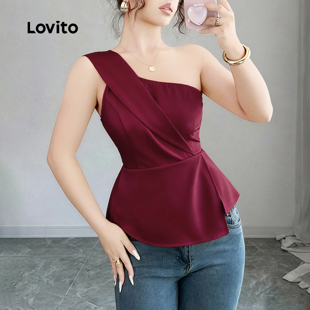 Lovito Elegante Blusa De Festa Com Fenda Assimétrica E Franzida Na Cor Bordô Ideal Para Primavera/verão L155AD298 · foto 2