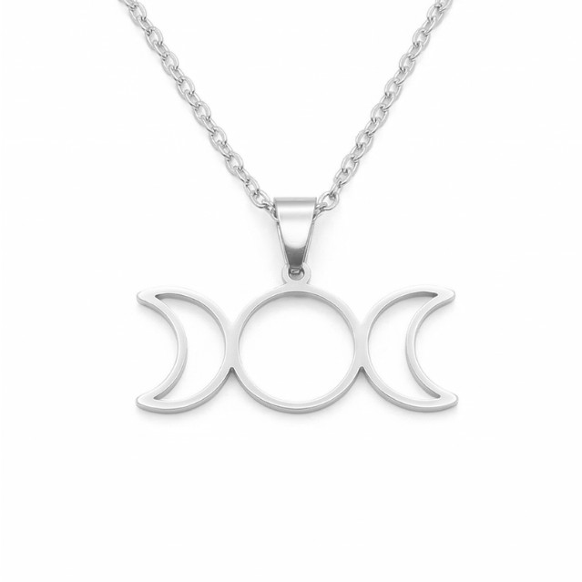 Colar Triluna Aço Inox 3,6cm Deusa Tríplice Wicca Proteção Místico Lua Tríplice