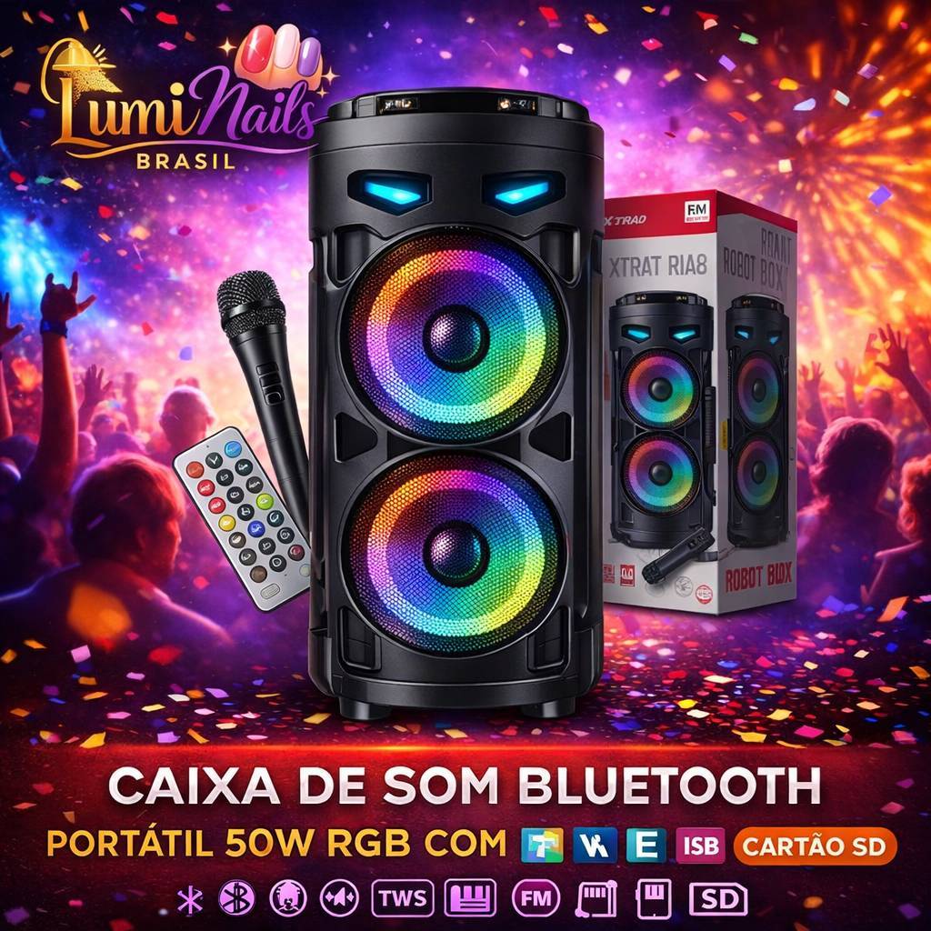 Caixa de Som Bluetooth Potente 50W RGB Portátil com Microfone Sem Fio TWS Rádio FM USB XTRAD XDG-138