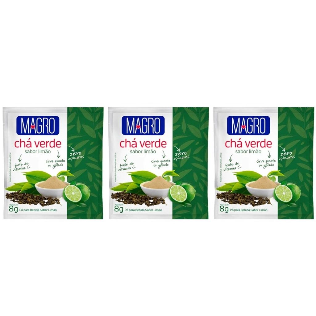 Chá Verde Limão Zero Açucar Diet Natural Kit 3 Fonte de Vitamina C 8g Magro