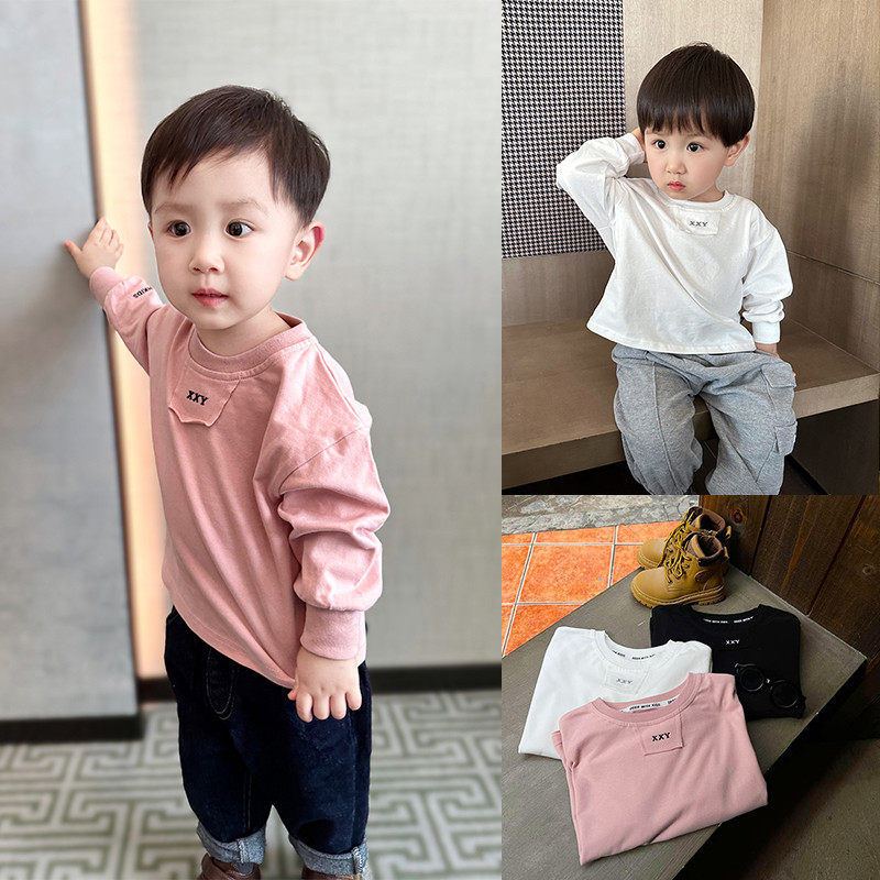 Meninos puro algodão camiseta 2024 outono novo estilo crianças letras bordadas de manga comprida topo crianças roupas de