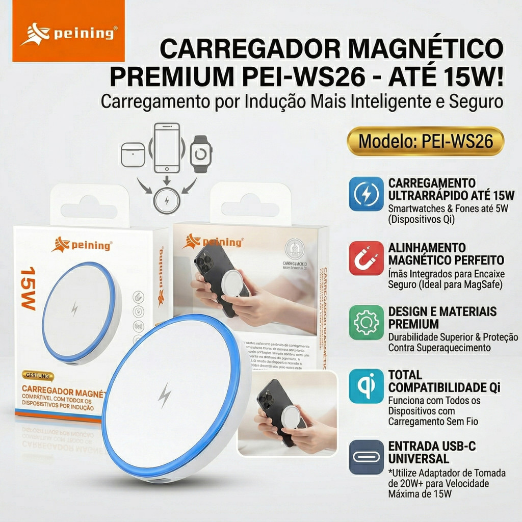 Carregador Indução Original Peining PEI-WS26 15W Turbo Magnético MagSafe