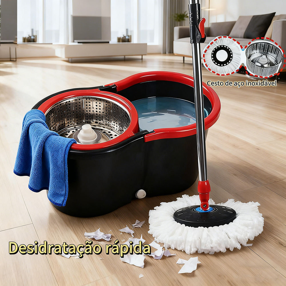 Kit Esfregão Centrifugador Mop automático Giratório com Inox balde - Economize Tempo na Limpeza