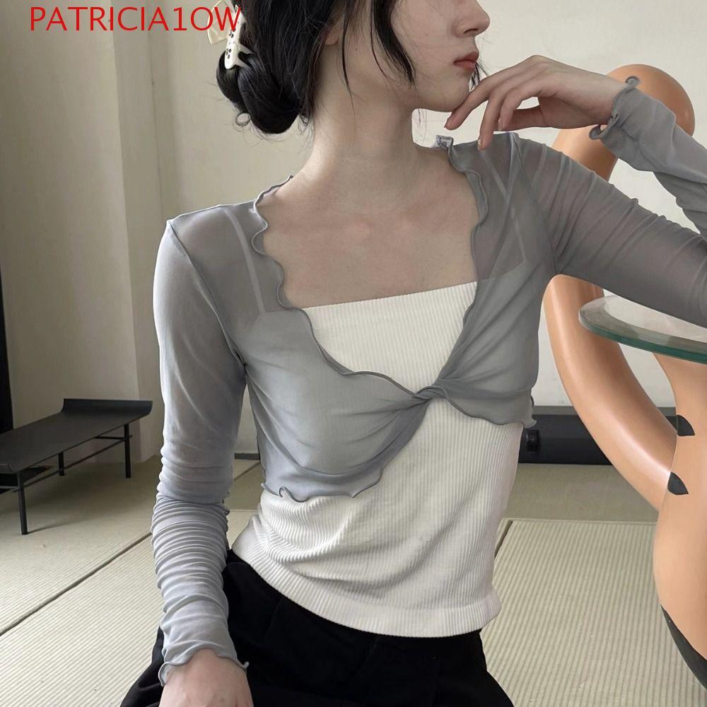 PATRICIA1OW Cardigan Com Nó De Malha , Cardigã Transparente Babados De Manga Comprida , Tops De Proteção Solar Decote Em