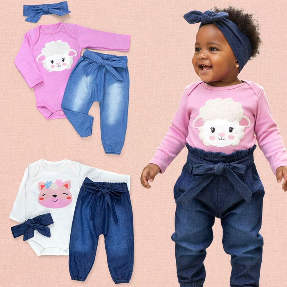 Conjunto Para Bebê Body Bordado Calça Jeans e Faixa - Bordado 3d Raposa