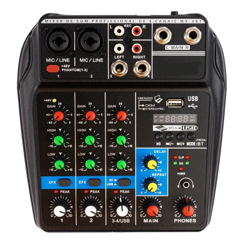 Mesa de Som Profissional 4 Canais MX-4BT com Efeitos DSP Bluetooth USB