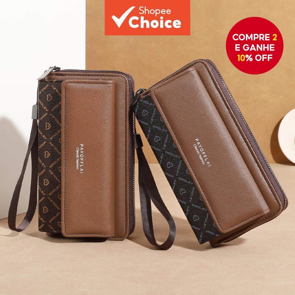 Carteira longa feminina com zíper - Bolsa para celular e cartões de couro PU de grande capacidade com design de vários em Oferta na Shopee