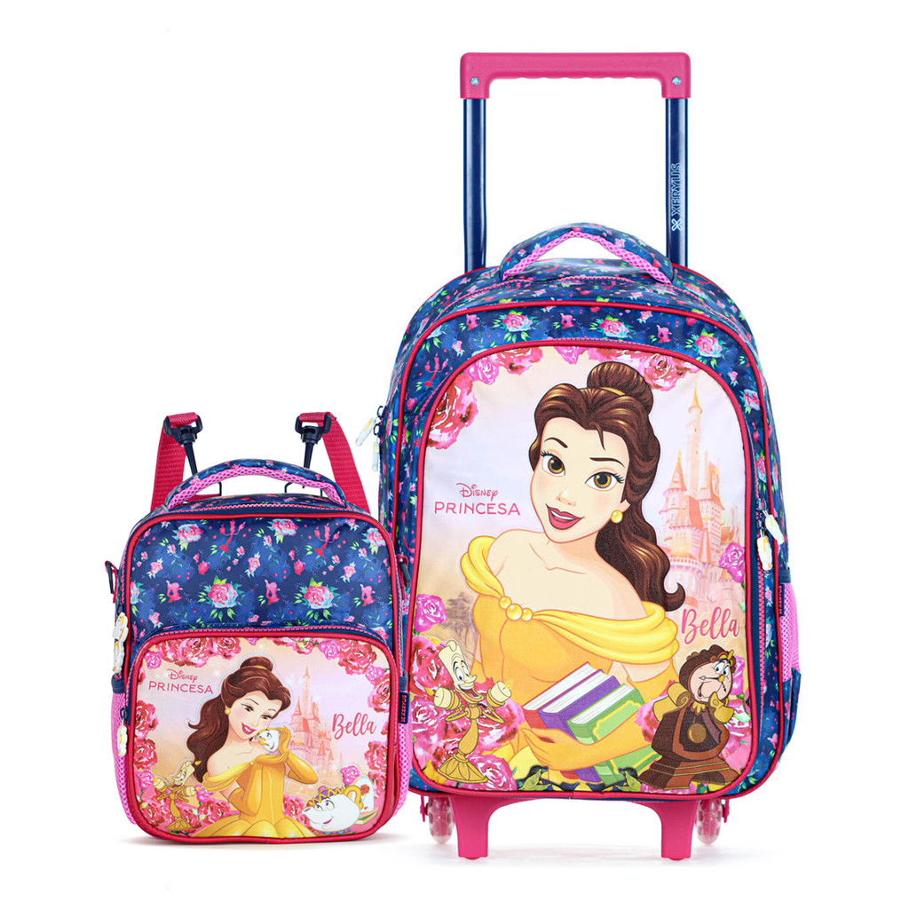 Kit Mochila Com Rodas 16 Princesa Bella 14710 + Lancheira Princesa Bella 14714 Escolar Xeryus Azul e Rosa - Infantil
