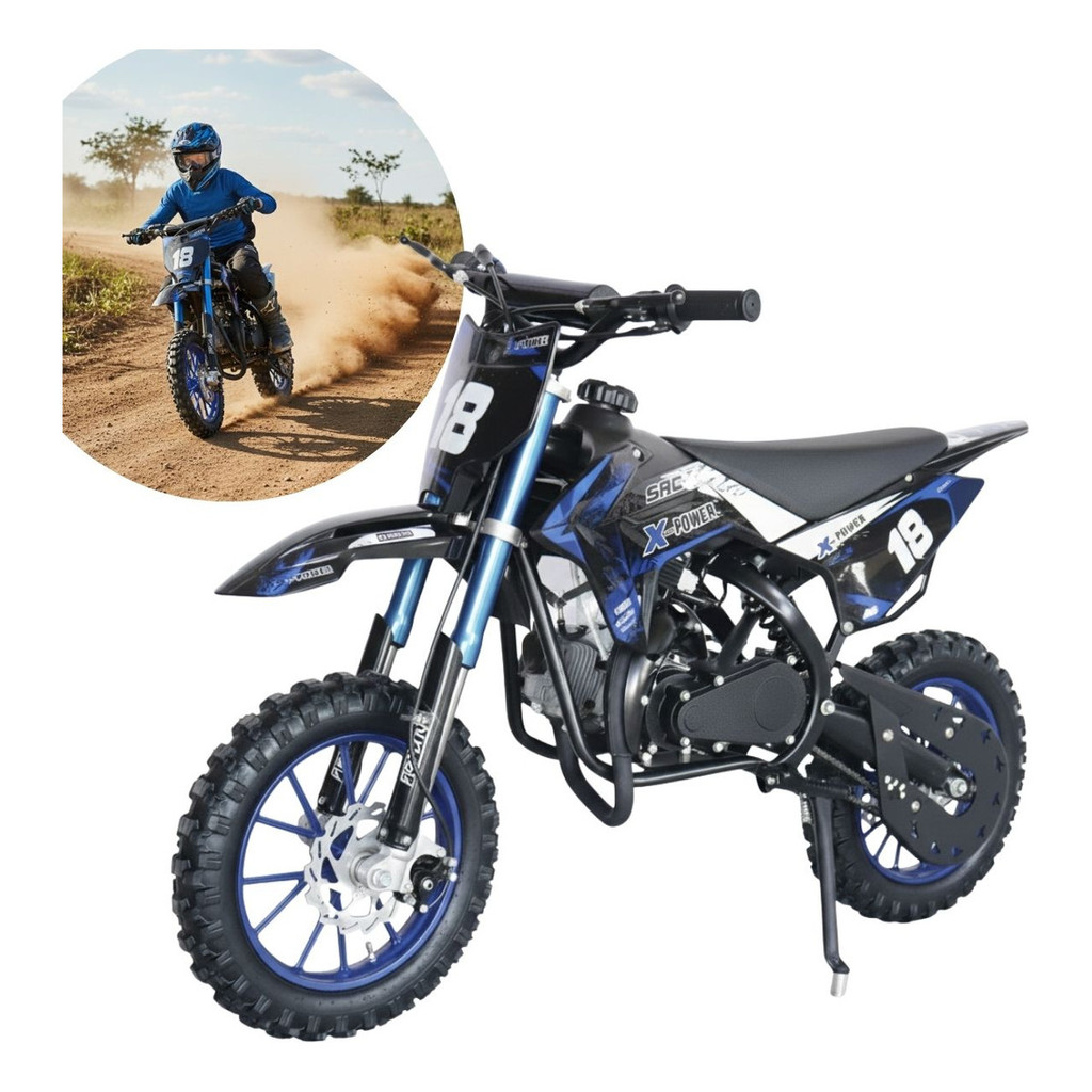 Mini Moto Gasolina Dirt 49cc Partida Elétrica Azul Ideal Para Aventura Off Road e Jovens Pilotos Iniciantes