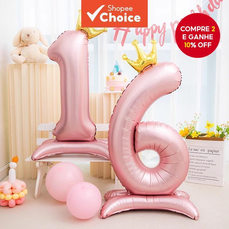 133,2cm Coroa Rosa com Número Base em Pé Balão de Filme de Alumínio, Decoração de Cena de Aniversário