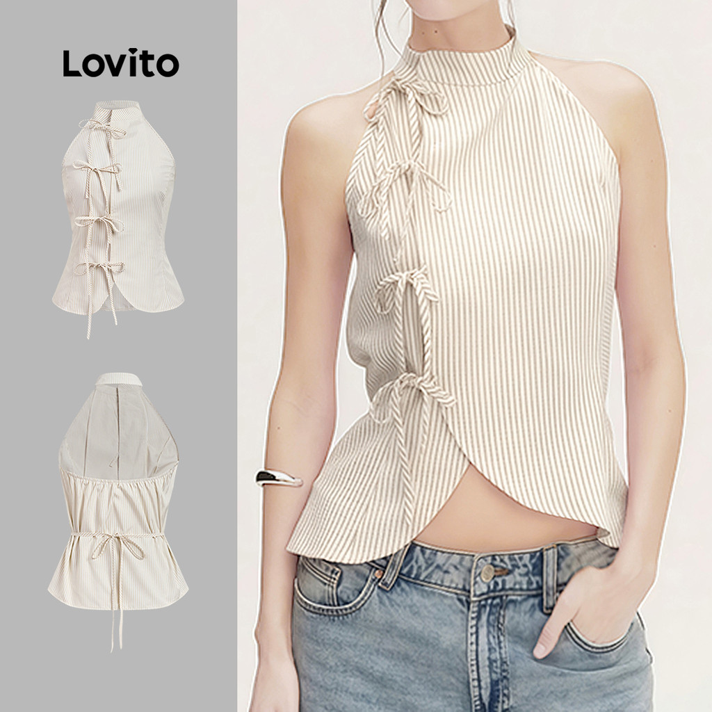 Lovito Blusa Casual Estilo Chinês Cheongsam Qipao Com Laço Assimétrico Cor Cáqui Para Mulheres L166AD394 em Oferta na Shopee