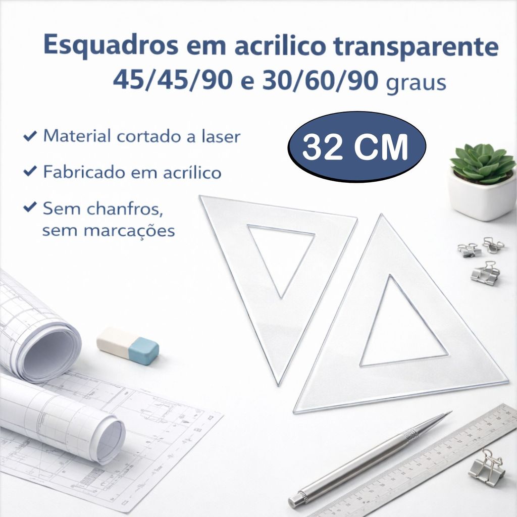 Kit Esquadro Acrílico Engenharia 45 30 Desenho Técnico 32 cm