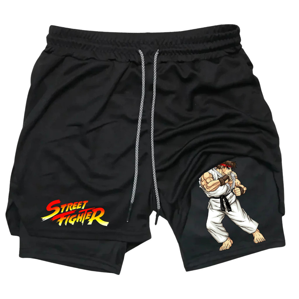 Bermuda Dri Fit Dupla com Forro Compressão Bolso Interno para Celular Street Fighter Proteção UV em Oferta na Shopee
