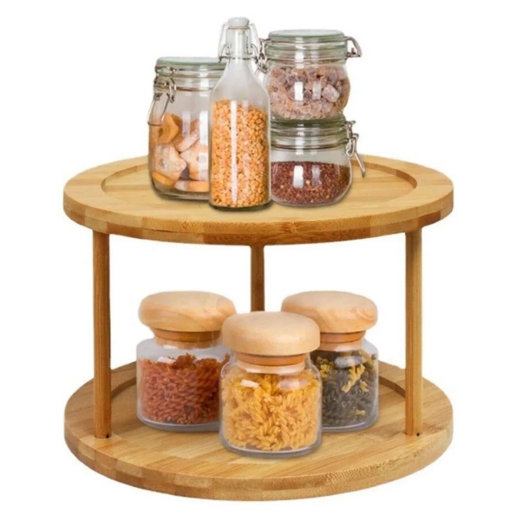 Porta Tempero Giratório Prateleira Dupla De Bambu 22,8cm