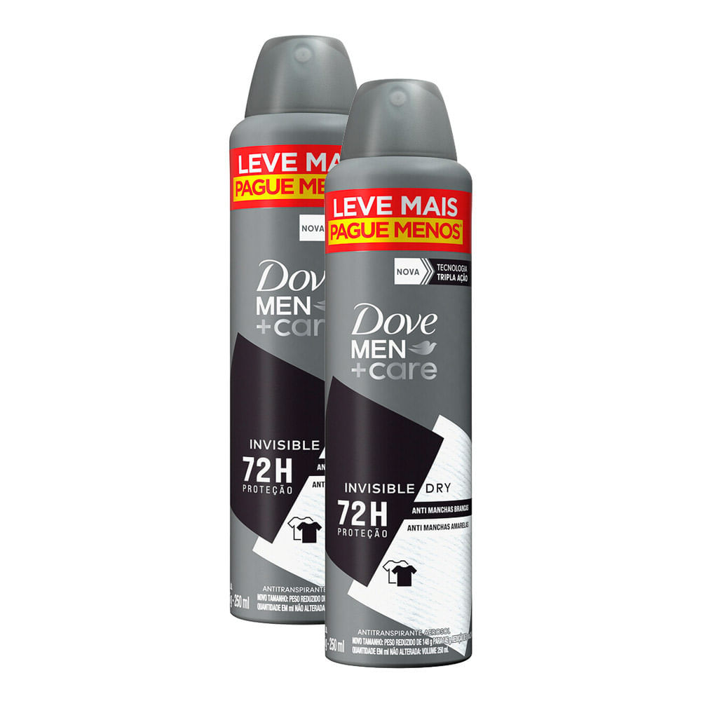 Kit 2 Desodorante Dove Men+Care Invisible Dry Aerosol Antitranspirante 72h 250ml Leve Mais Por Menos