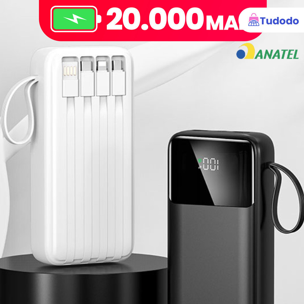 Power Bank 20000mAh: Ultra-Rápido, Carregador Portátil, Visor Digital e 4 Portas USB
