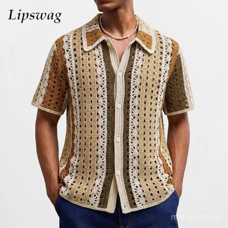 Camisas Casuais Masculinas Primavera Verão 2026, Camisa Masculina com Detalhes em Patchwork, Roupas Masculinas, Cardigãs