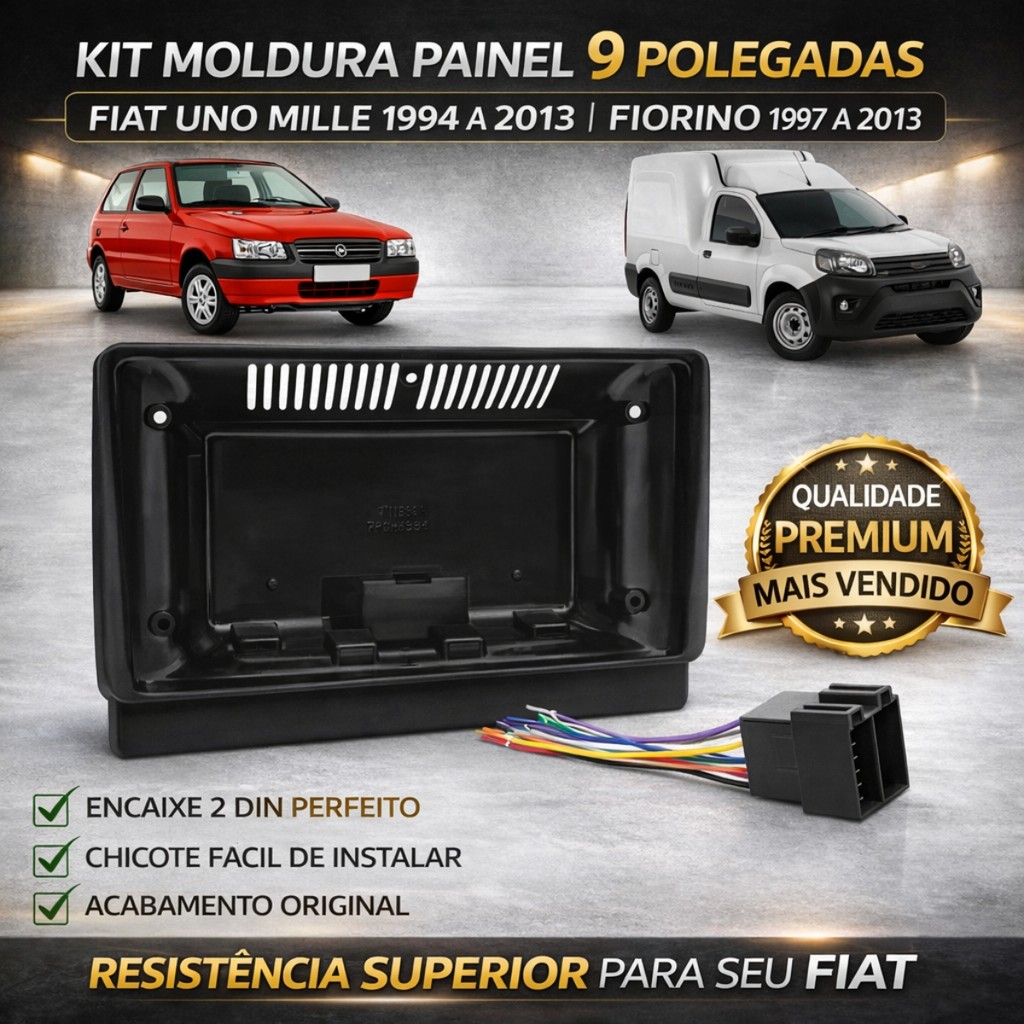 Kit Moldura Painel 9 Pol Uno Mille Fiorino 2 Din Preto Chicote Som
