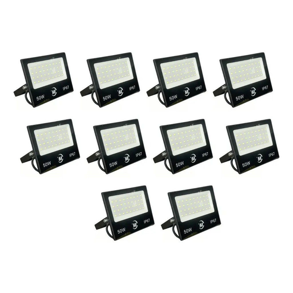 Kit 10 Refletor Led 50w Bivolt Branco Frio 6500k Bivolt Carcaça Preto Luz Branco-frio