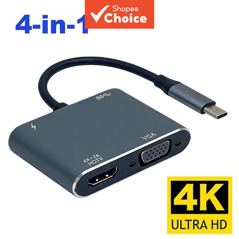 Hub USB 4 em 1 Tipo C para HDMI 4K 1080P compatível, VGA Digital AV, Porta de Carregamento PD, Compatível com Adaptador