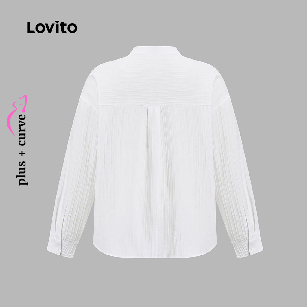 Lovito Casual Blusa Curva Plus Size Blusa Jacquard Com Botão Liso Para Mulheres LBL16672 · foto 2