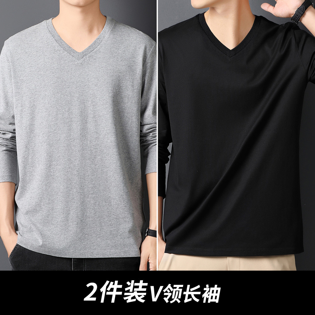 2 peças] primavera masculina americana na moda manga comprida camiseta puro algodão com decote em V roupas superiores ca