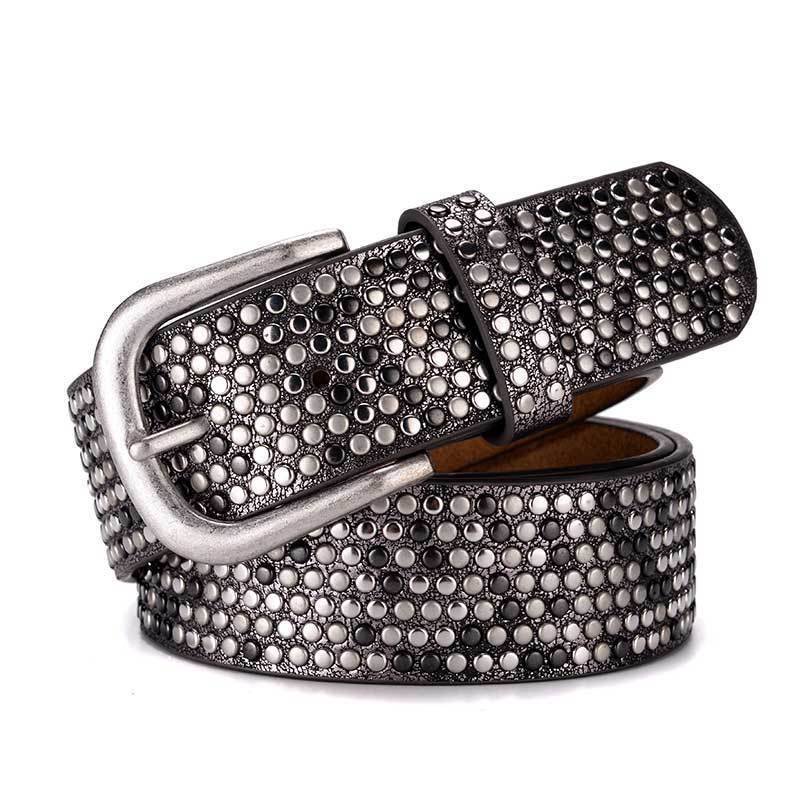Cinto feminino, cinto casual e elegante para jeans com incrustação de diamantes, fivela de pino, cinto de couro preto, p
