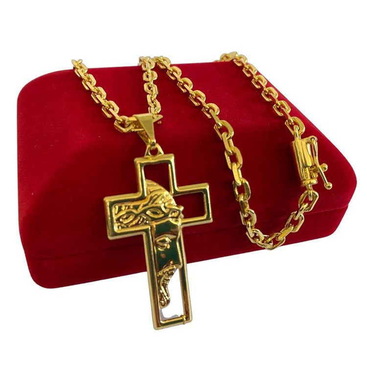 Colar Corrente Cordão Moeda Antiga Banhado a Ouro 18k 3,5mm/Pingente face Jesus Cristo (1 ano de garantia)