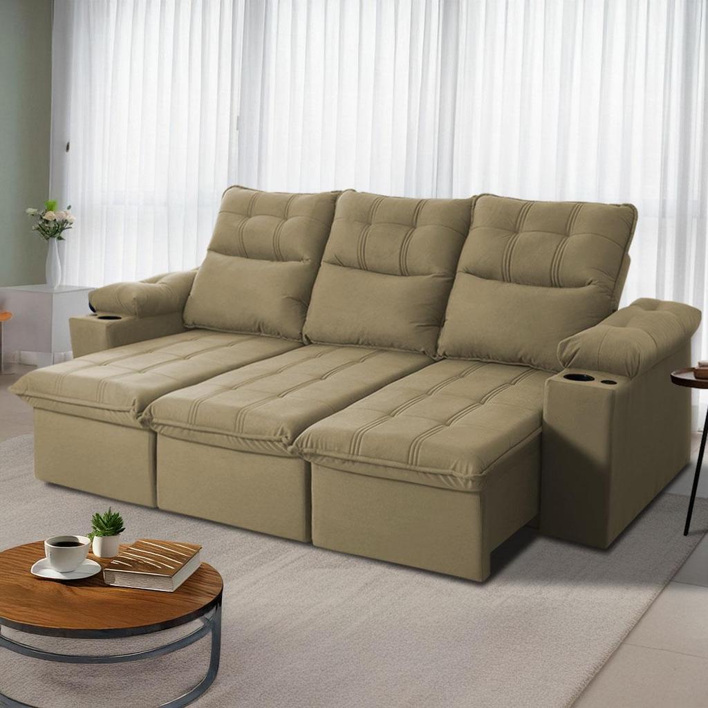 Sofá Retrátil Reclinável Verona USB + Porta Copo 2,30m Suede Velut Bege c/ Molas no Assento - King House