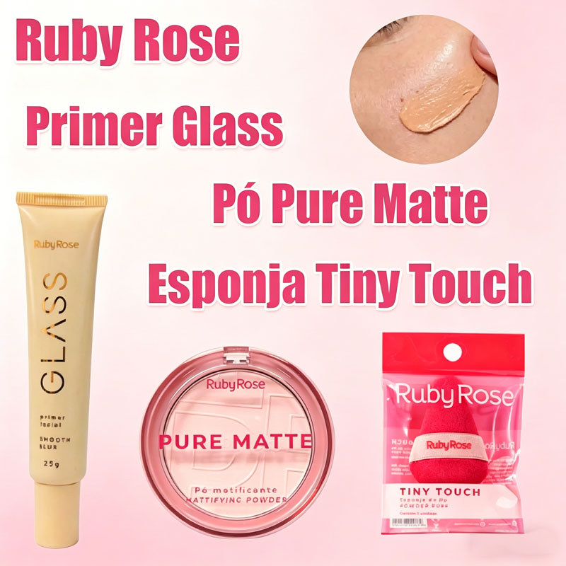 Kit Ruby Rose: Primer Glass + Pó Pure Matte + Esponja Tiny Touch, Pele Matte e Uniforme