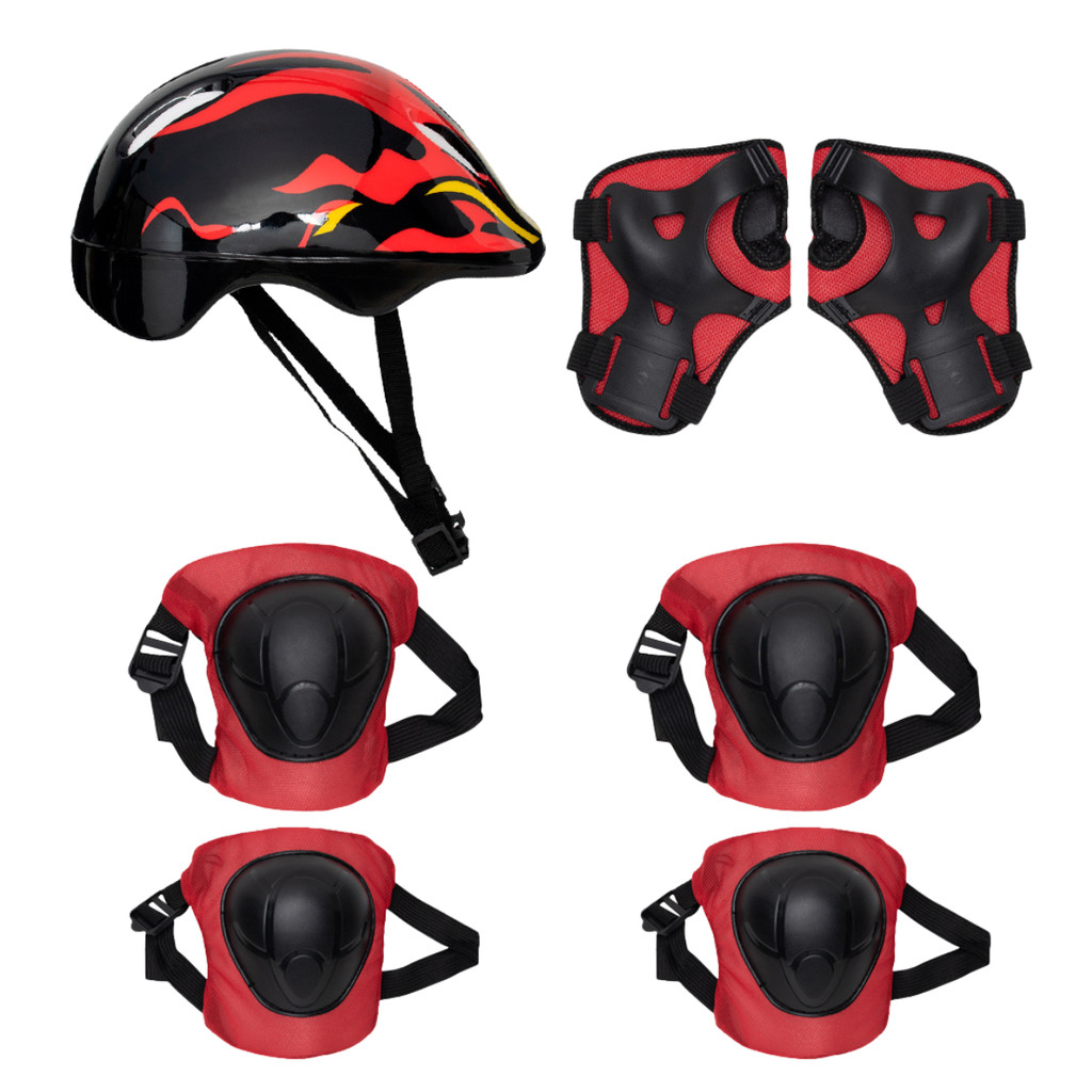 Kit Proteção Infantil Capacete Cotoveleira Joelheira Munhequeira Zippy Toys KJ19VM Vermelho Chamas Skate Bike Patins