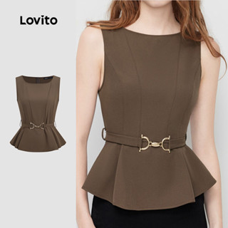 Lovito Top elegante com cinto e fivela primavera/verão Mocha Brown Top para mulheres LK3ED115 em Oferta na Shopee