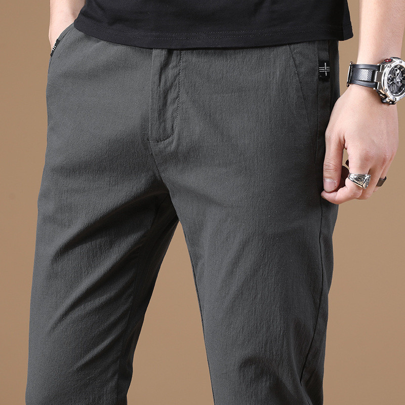 Calças casuais de verão masculinas retas Slim-fit calças magras linho algodão linho calças de verão trabalho
