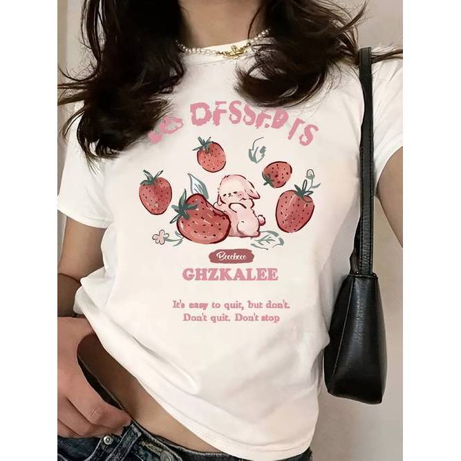 Camiseta Feminina Letras Morangos Coelhos Colorida Confortável Divertida Fofa Primavera Verão