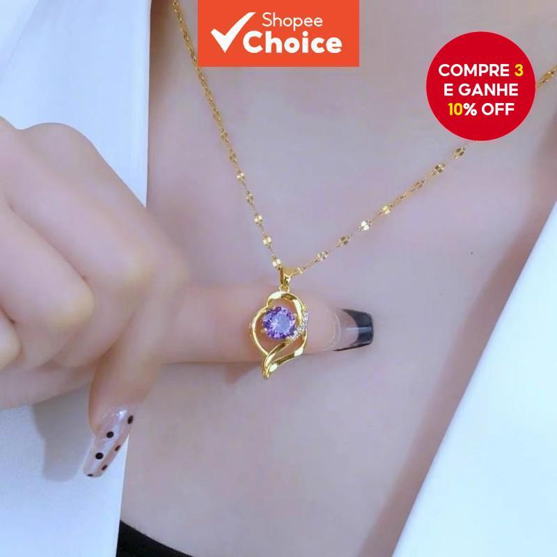 Colar Com Pingente De Coração De Aço Inoxidável Cristal Roxo Para Mulheres Estilo Coreano Joias Presente