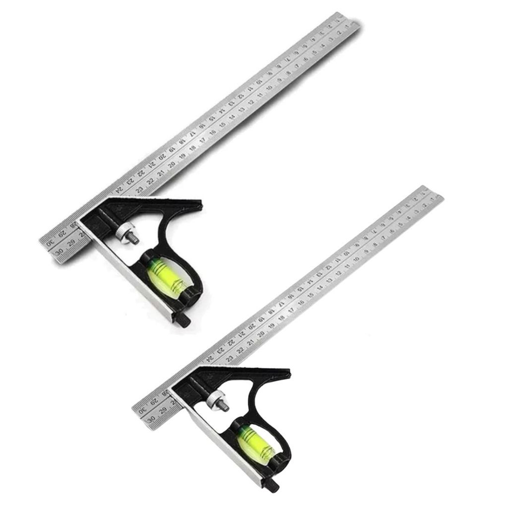 KIT 2 ESQUADRO COMBINADO COM REGUA E NIVEL INOX REGULAVEL