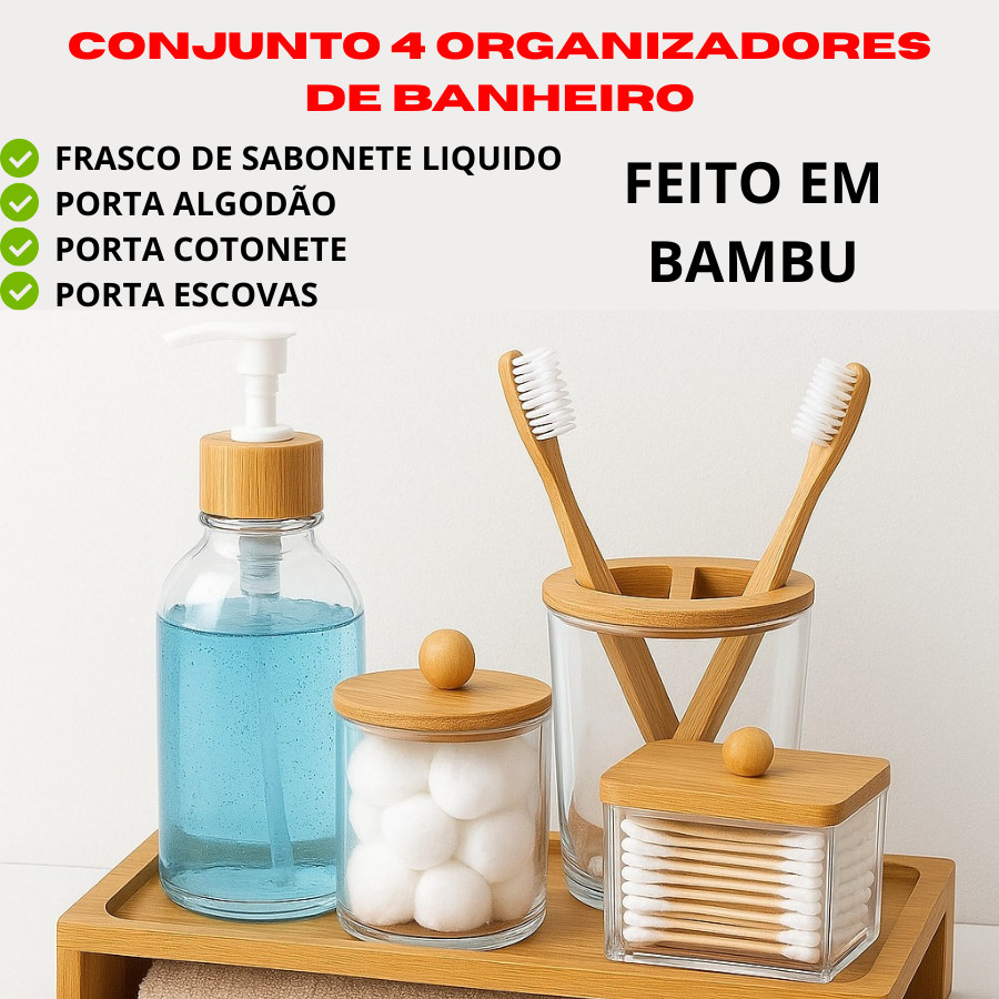 Conjunto 4 Organizadores De Banheiro Sabonete Líquido Bambu Porta Cotonete Algodão Organização