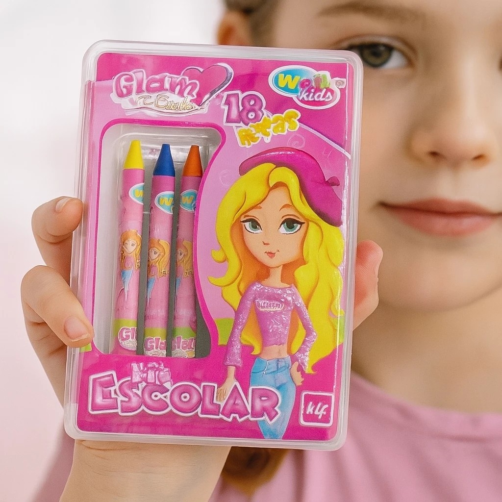 Estojo Infantil Escolar Glam Girl 18 Peças Estojos de Lápis Borracha Gizes de cera Colorir