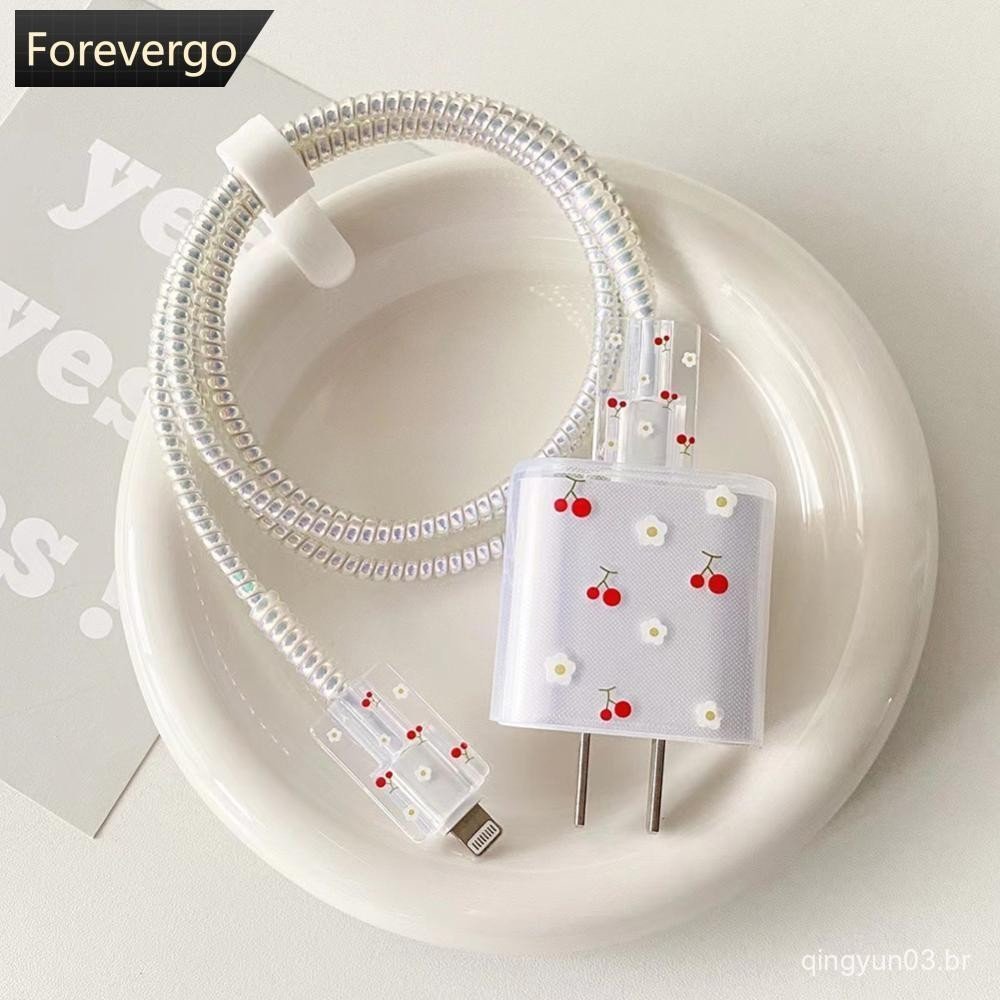 FOREVERGO 1 Conjunto Para IOS 18/20W Carregador Rápido Cabo De Dados Capa Protetora Com Coração Rosto Borboleta Flor Pad