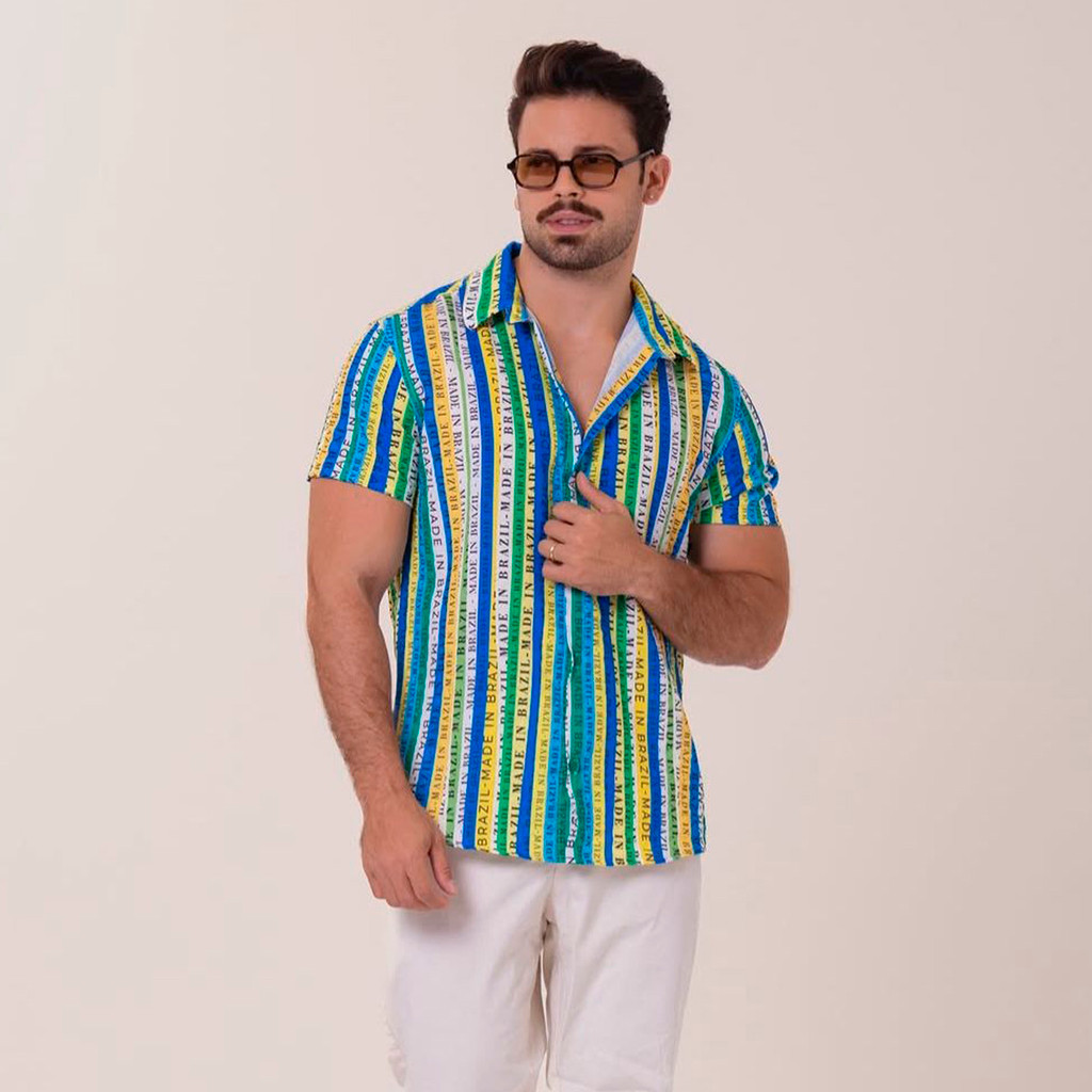 Camisa Brasil de Botão em Visco Linho Manga Curta Masculina Seleção Brasileira Futebol Estilo Casual Premium