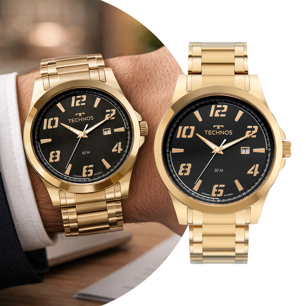Relógio Analógico Masculino Dourado Preto com Caixa e Pulseira de Aço Inoxidável à Prova D Água Luxo Technos