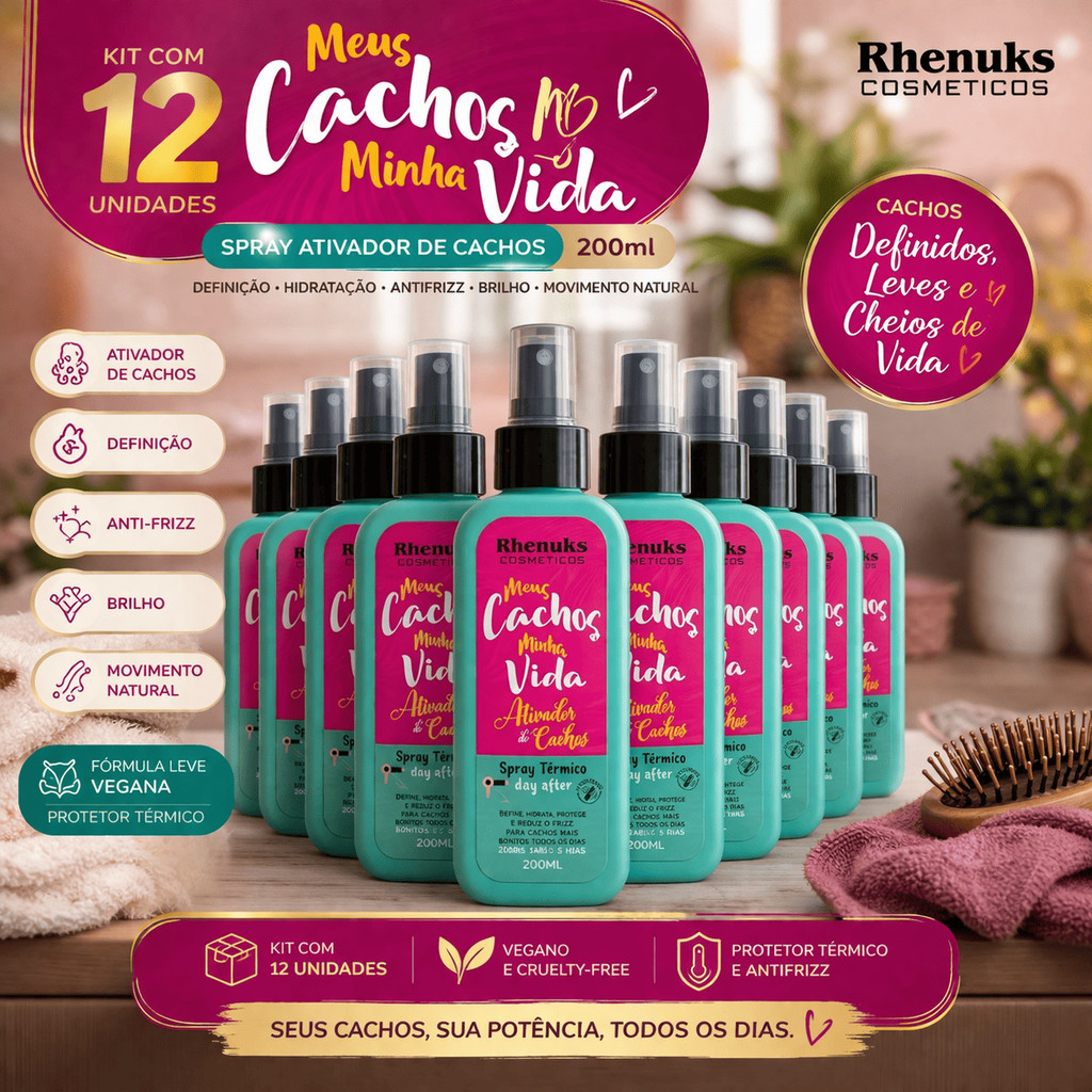 Kit 12 Ativador de Cachos Meus Cachos Minha Vida Rhenuks 200ml Protetor Térmico Vegano Antifrizz