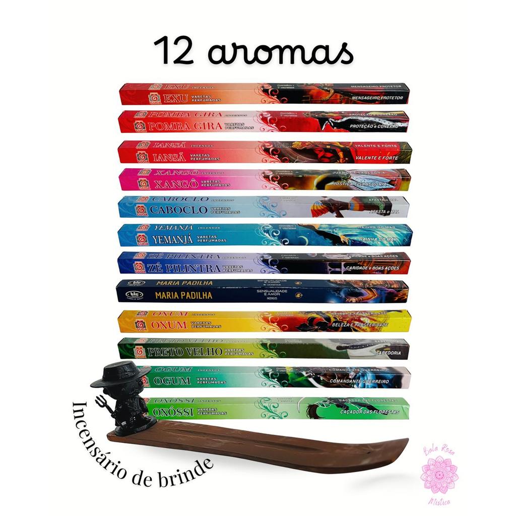 Kit 12 Incensos Umbanda + Incensário Exu Brinde Energia Proteção Espiritual Aromas Premium