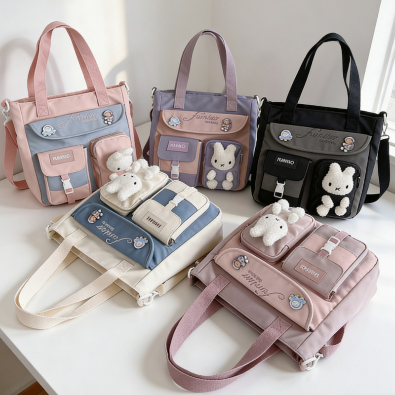 Bolsa Feminina Cute Coelho Nylon Resistente | Bolsa Escolar Tote Ombro Multicor - Ideal para Estudantes