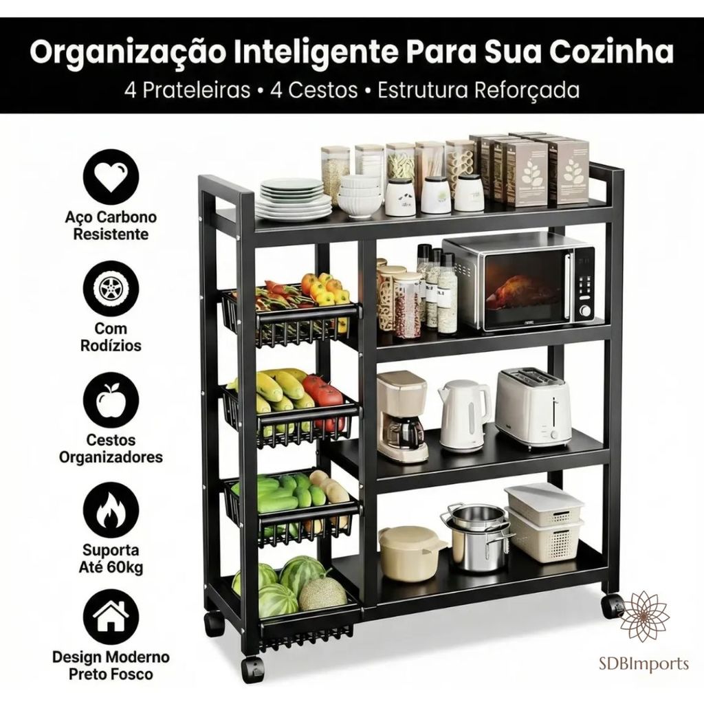 Carrinho Prateleira Organizador Fruteira 120 X 32 X 135 Com Rodinhas Multiuso 4 Andares para Cozinha