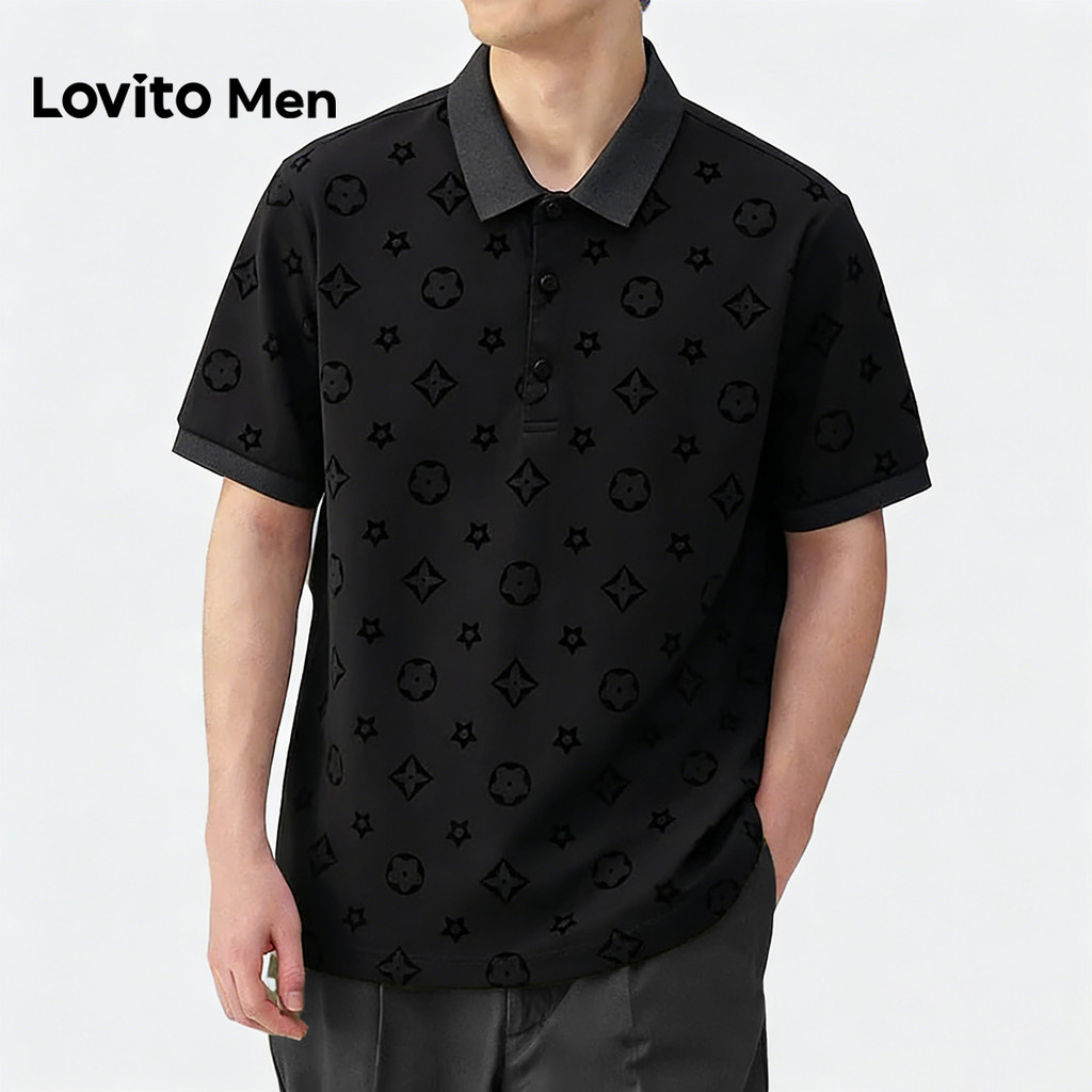 Lovito Men Camisa Polo Casual com Botões Estampa de Primavera/verão Camisa Polo Preta para Homens LNE142507