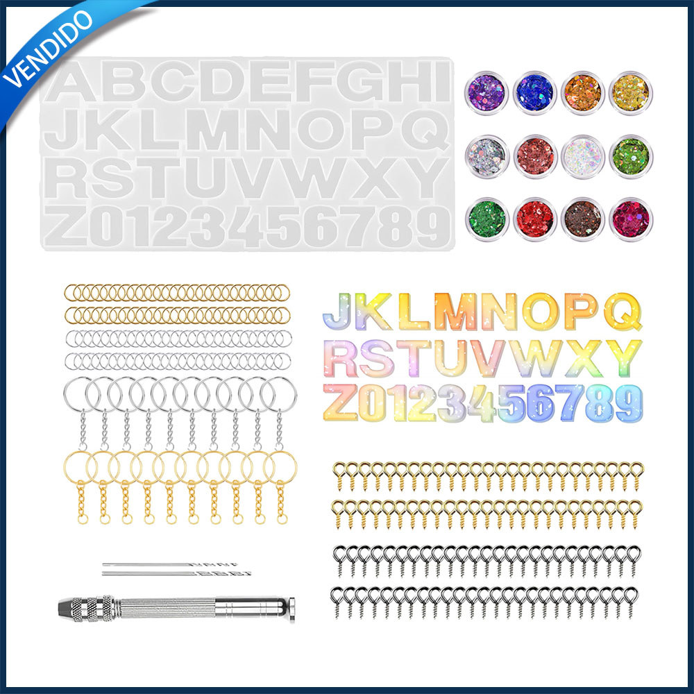 Kit 236 Moldes de resina para letras moldes para números lantejoulas chaveiros brocas artesanato feito à mão
