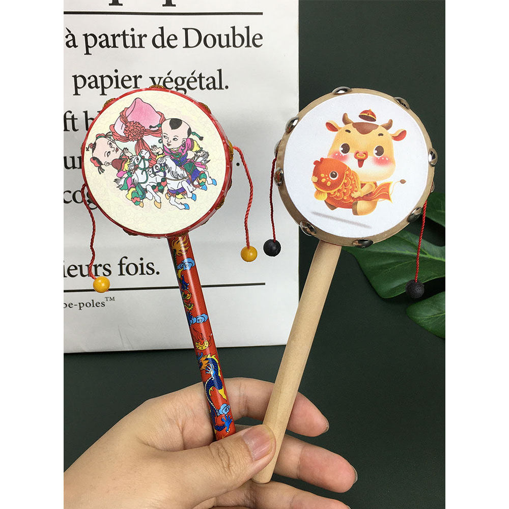 Tambor ondulado para bebês, estilo chinês tradicional, artesanal, de madeira, pele de carneiro, tambor Lang, tambor ondu
