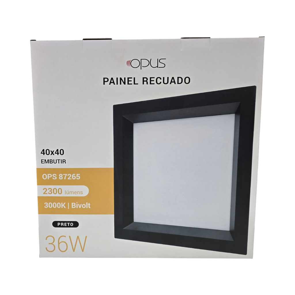 Painel Recuado Embutir 40x40 36W 3000K Bivolt Preto - Opus - Ops87265