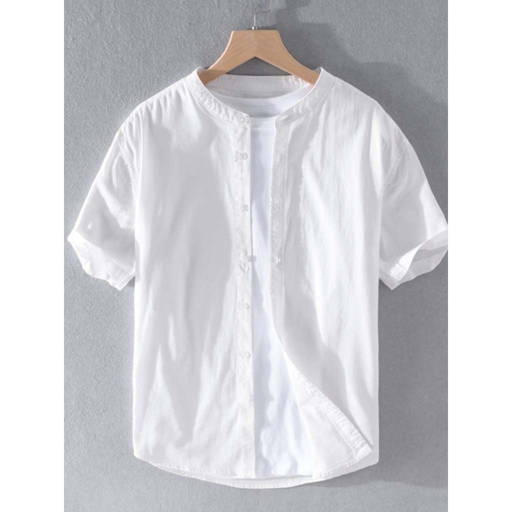 Branco puro algodão gola alta camisa de manga curta masculina Casual em torno do pescoço lavado Bottoming magro-ajuste O